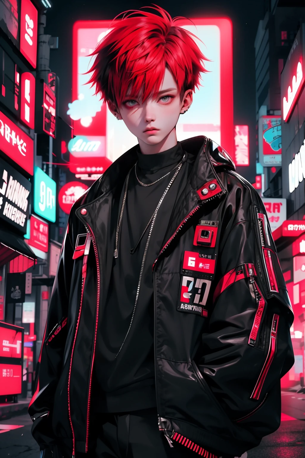 boy walking, half body shot, white red hair, cool black open short jacket, messy fade cut hair, crazy, on futuristic neon night street background, straight front center, photograpic shot