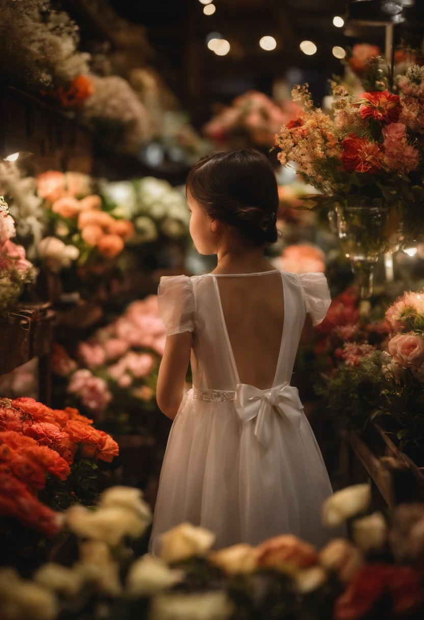 In the flower shop,A little Japanese girl in a dress,The film is still there,(Close-up 1:1),Floating in the sky,brightly,cheerfulness,intriguing,gentlesoftlighting