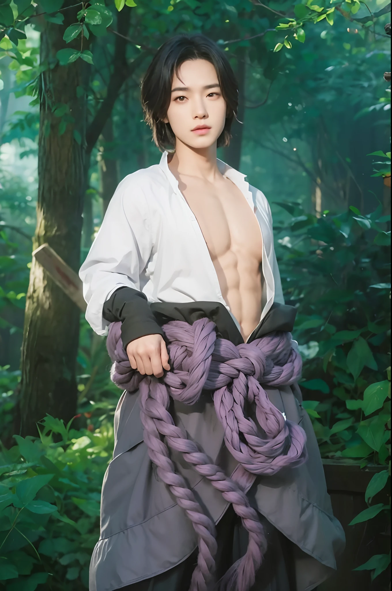 Real life adaption of this character, handsome face,realistic outfit wearing large purple rope on waist,detailed eyes,realistic same hair,realistic background,hyper realistic,realism,realistic light, realistic shadow,(photorealistic:1.2), looking to viewer,muscular body