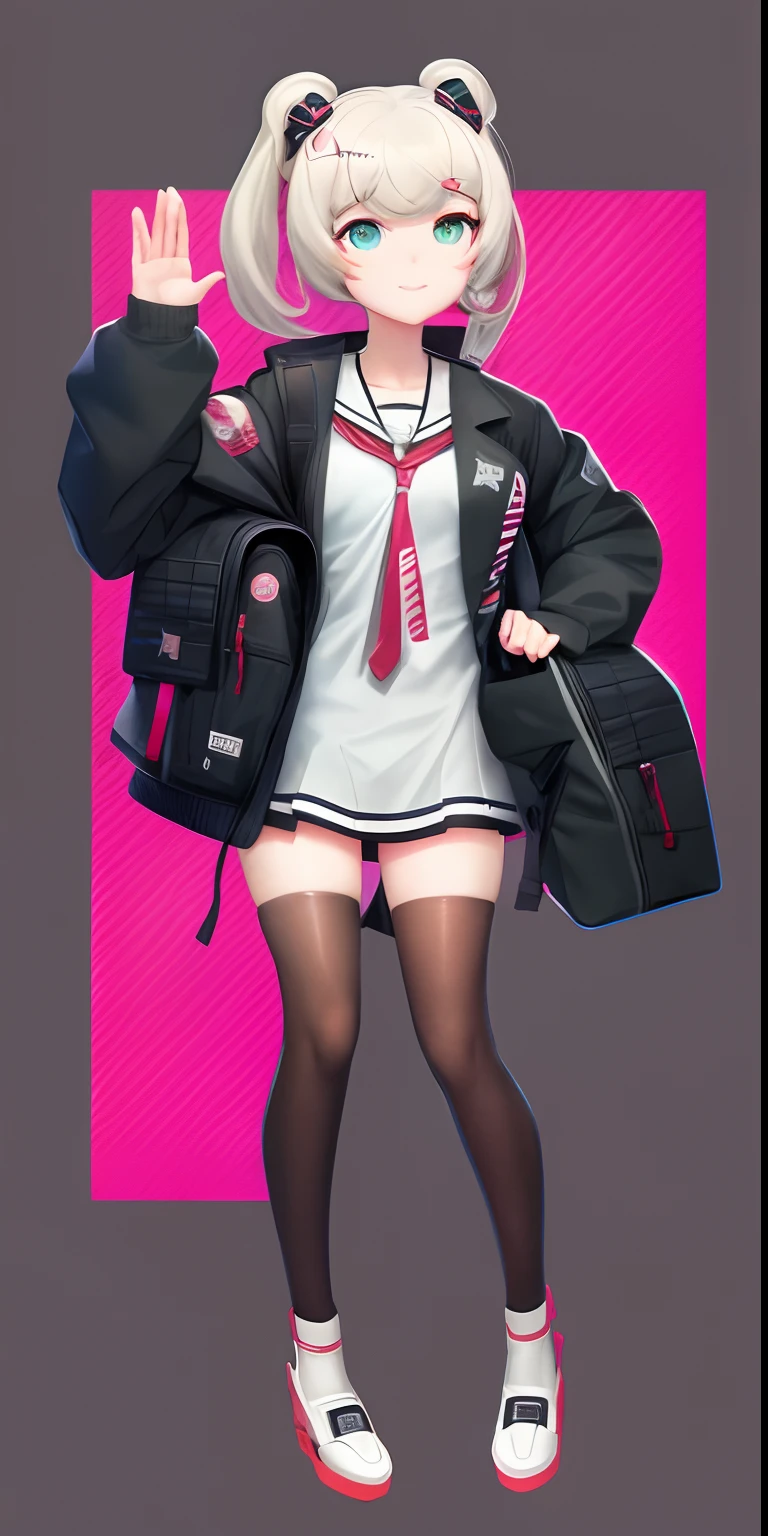 anime girl with a backpack and a backpack waving, kantai collection style, girls frontline style, four position (bent, body down 45 degrees, sexy), from girls frontline, anime full body illustration, by Kamagurka, style anime, cyber school girl, full body illustration, girls frontline cg, girls frontline, fine details. girls frontline, digital art from danganronpa, modern anime style, urban girl fanart