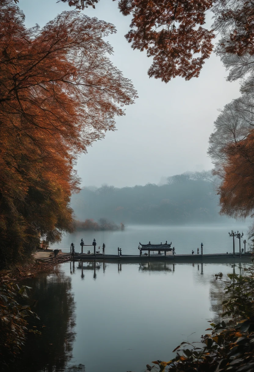 (tmasterpiece,Authentic photography,Realistic photography,Concise composition:1.5),West Lake scenery,fog atmosphere,Sateen,Beautiful artistic conception