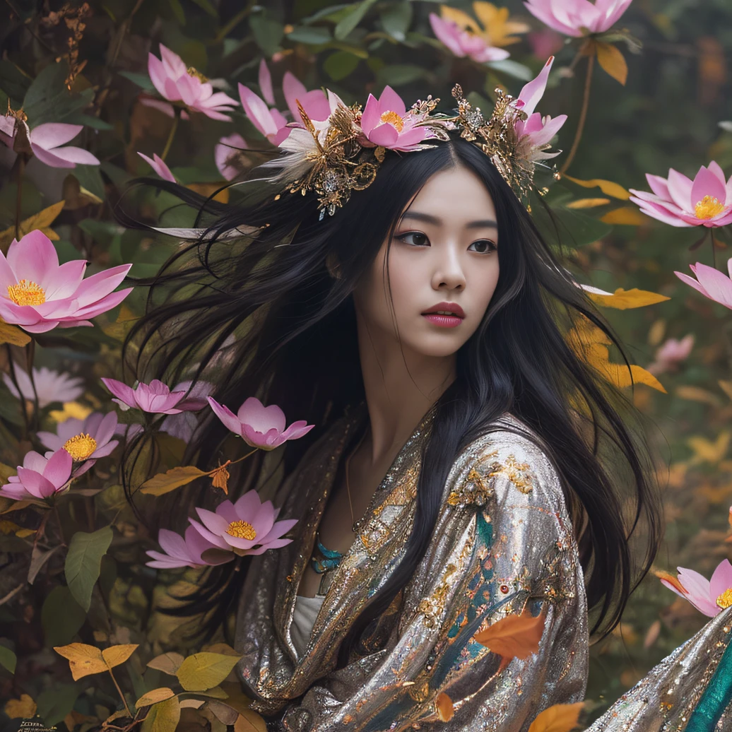 Gold tailgate 32K(tmasterpiece,k hd,hyper HD,32K)Long flowing black hair,ponds,zydink, a color, Tailfire (Concubine girl), (Purple silk scarf), Combat posture, looking at the ground, long whitr hair, Floating hair, Carp pattern headdress, Chinese long-sleeved clothing, (Abstract gouache splash:1.2), Pink petal background,Pink and white lotus flowers fly(realisticlying:1.4),Black color hair,Fallen leaves flutter,The background is pure, A high resolution, the detail, RAW photogr, Sharp Re, Nikon D850 Film Stock Photo by Jefferies Lee 4 Kodak Portra 400 Camera F1.6 shots, Rich colors, ultra-realistic vivid textures, Dramatic lighting, Unreal Engine Art Station Trend, cinestir 800,Long flowing black hair,Linen skirt