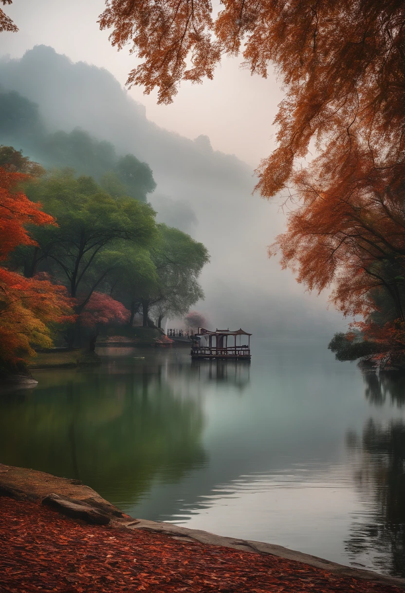 (tmasterpiece,Authentic photography,Realistic photography,Concise composition:1.5),West Lake scenery,fog atmosphere,Sateen,Beautiful artistic conception