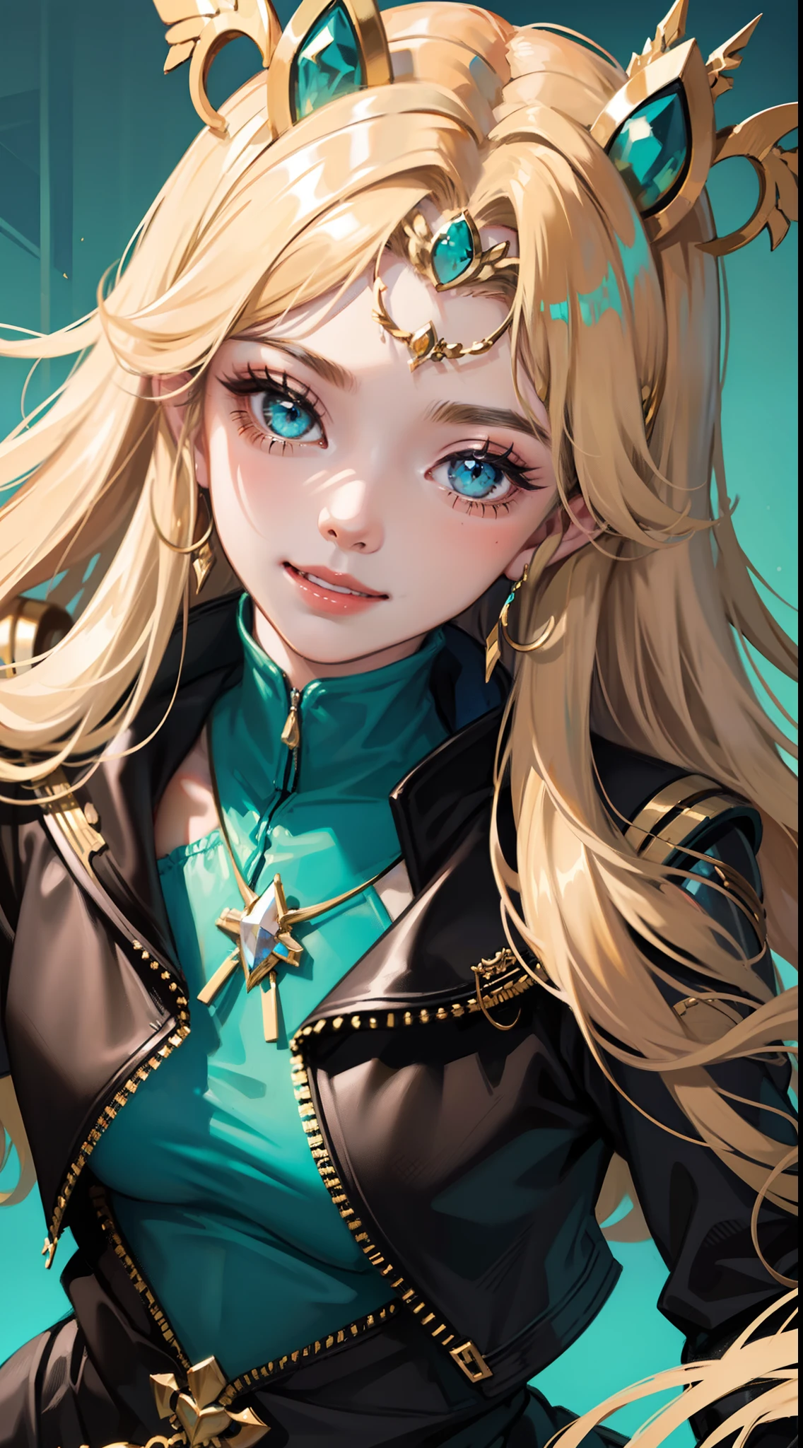 young girl, long turquoise hair, cat ears, turquoise eyes, Smile, black jacket, Green tight dress, diadem, Gold Elements, She-ra, Masterpiece, hiquality, 4k, HD, Good detail