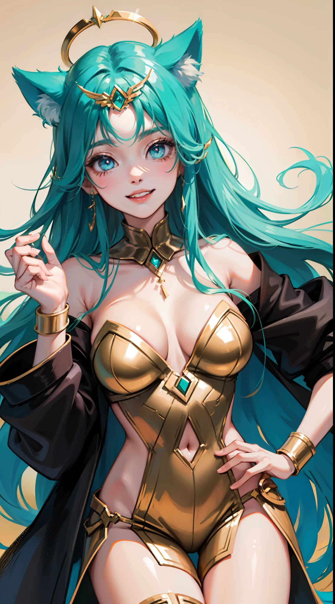 young girl, long turquoise hair, cat ears, turquoise eyes, Smile, black jacket, Green tight dress, diadem, Gold Elements, She-ra, Masterpiece, hiquality, 4k, HD, Good detail
