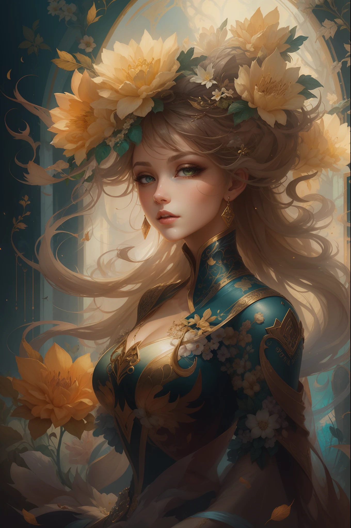 （（Gorgeous female princess）），（She has long flowing brown hair），（Bright and beautiful eyes），trendding on artstation，Flowers of Hope by Jean-Honor Fragonard，Peter Mohrbacher，ultra-detailliert，insanely details, Amazing, complex, elite, Art Nouveau, a gorgeous, Liquid wax, elegant, Luxurious, greg rutkovsky, Ink style, a sticker, Vector art beautiful character design, Dual exposure shooting, Luminous design, winning artwork, tmasterpiece, AMOLED black background,optic