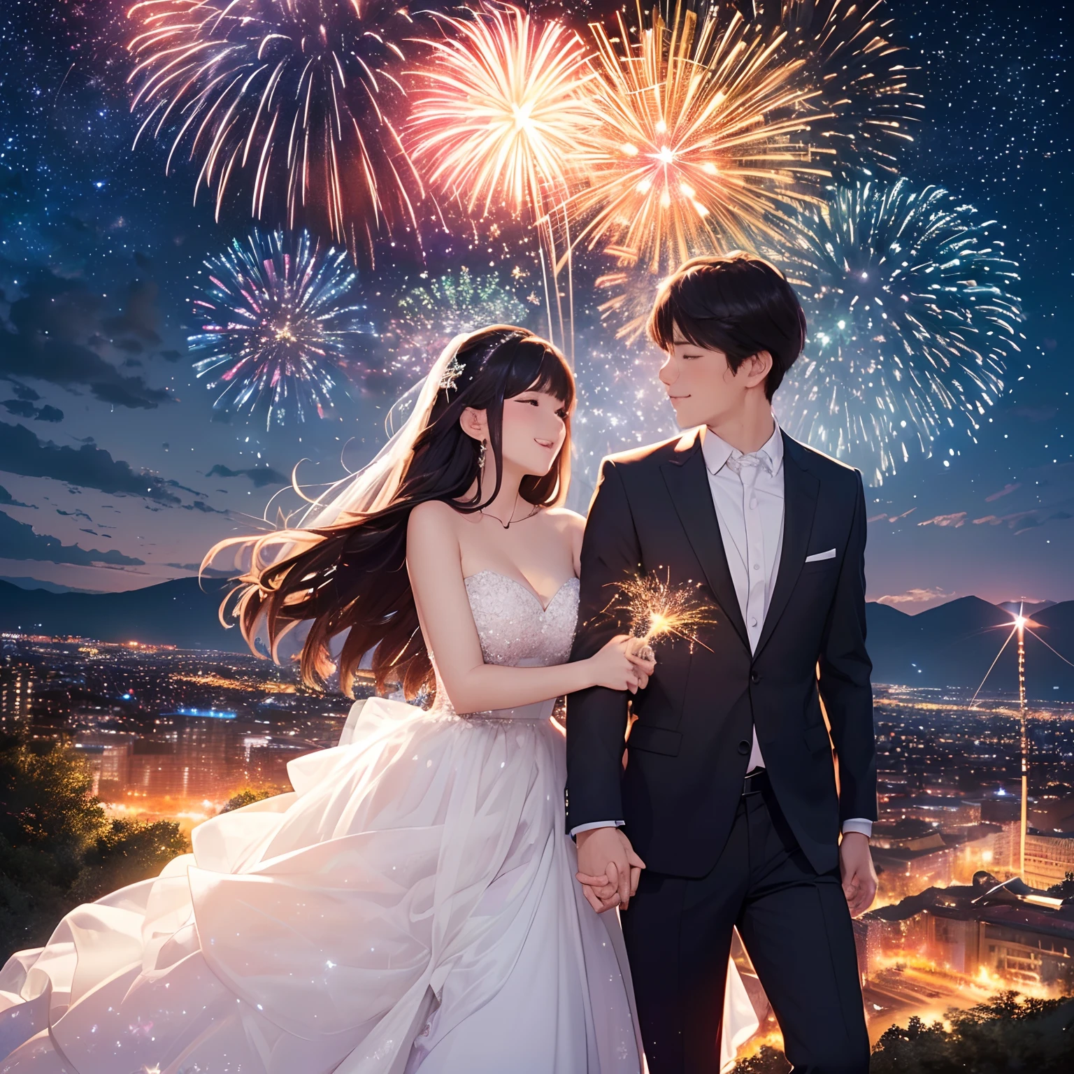 ((Best quality, A high resolution, Masterpiece:1.2)), (Romantic), (newlyweds:1), (Stargazing in the forest), (Spectacular sky fireworks display), (Colorful fireworks), (Giant fireworks), (Wedding dress), (suit), (glittering stars:1.5), Romantic couple photo, cinematic Film still from.Leo，city night scene，Chinese big breasts，towns，