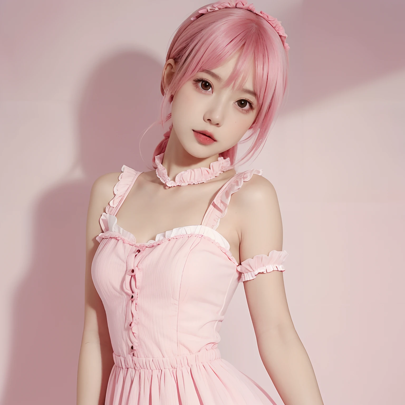 Super delicate cute girl wearing ****ta dress with pink hair. 8K ultra-high image quality, Delicate texture, Pure white background.