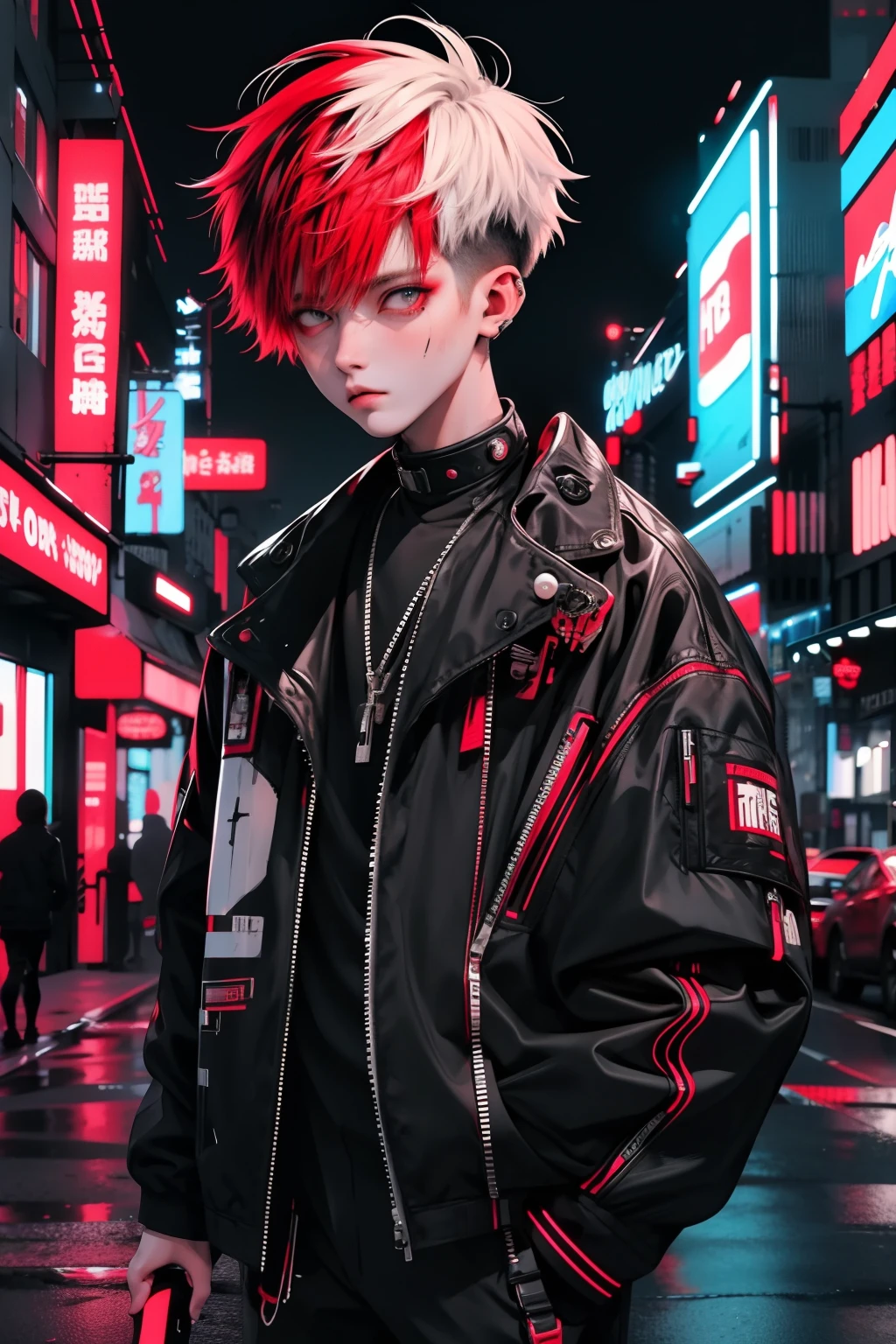 boy walking, half body shot, white red hair, cool black open short jacket, messy fade cut hair, crazy, on futuristic neon night street background, straight front center, photograpic shot