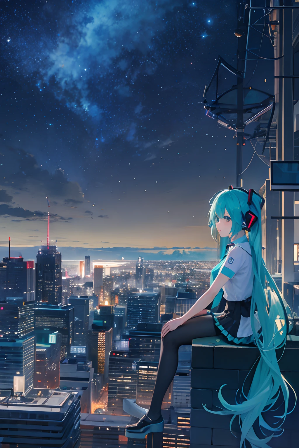 octans, sky, star (sky), scenery, starry sky, night, 1girl, cyan hair, shirt hatsune miku, night sky, solo, outdoors, building, cloud, milky way, sitting, tree, long hair, city, silhouette, cityscape