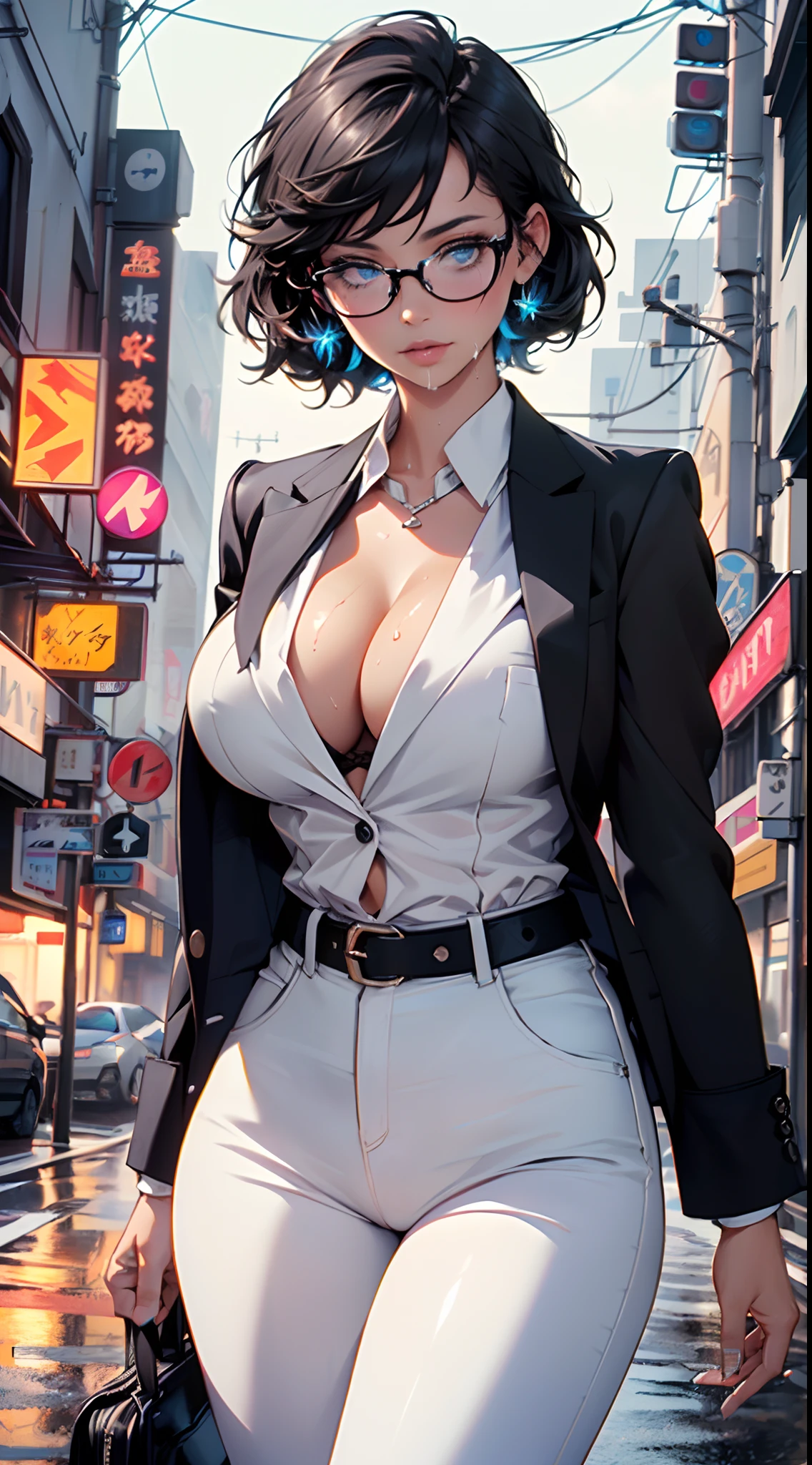cute girl,(((1girl))),((girl with extremely cute and beautiful black hair)),
(large breasts:1.4),(((black hair:1.35,colored inner hair,ear breathing,large hair,tomboy haircut))),(((blue_eyes:1.3))),intricate eyes,beautiful detailed eyes,symmetrical eyes,((fat)),((lustrous skin:1.5,bright skin: 1.5,skin tanned,shiny skin,very shiny skin,shiny body,plastic glitter skin,exaggerated shiny skin,illuminated skin,wet legs))),(spider lower abdomen,narrow waist,wide hip,athletic body,inflated legs,detailed body,(detailed face)),
cute,slutty,seductive,erotic,(((nsfw))),
((((glasses)))),(((wearing white formal blazer,black formal pants,))),(((huge cleavage))),((wet clothes,intricate outfit,intricate clothes)),
(dynamic pose:1.0),solo focus,embarrassed,(centered,scale to fit dimensions,Rule of thirds),
cyberpunk city by the ocean at night, with bright neon signs and dark stormy clouds and puddles, scenery:1.25,
artistic photography,(photography taken by sldr),highres, sharp focus, (ultra detailed, extremely detailed), (photorealistic artwork:1.37),(extremely detailed CG unity 8k wallpaper),((synthwave background theme)),(((vibrant colors))),(intricate background),(masterpiece),(best quality)