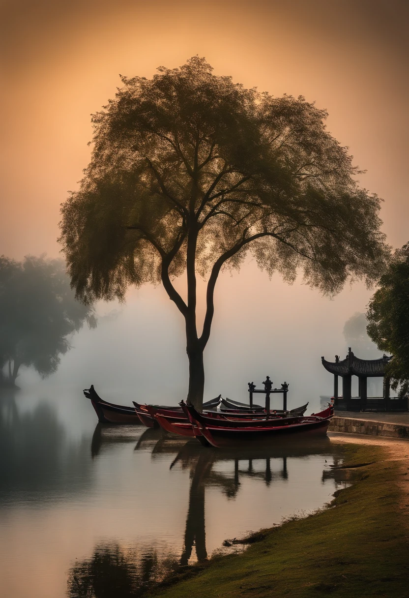 (tmasterpiece,Authentic photography,Realistic photography,Concise composition:1.5),West Lake scenery,fog atmosphere,Sateen,Beautiful artistic conception