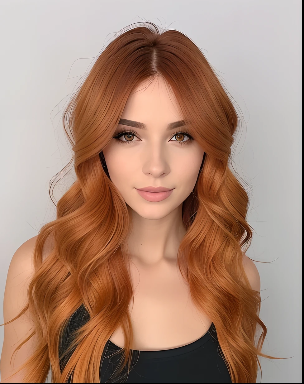 um close up de uma mulher com longos cabelos ruivos e um top preto, cabelos dourados avermelhados, cabelos longos coloridos enferrujados, gengibre cabelo ondulado, longos cabelos ondulados laranja, flowing ginger hair, loiro e auburn cabelo dois tonificados, cabelos finos e brilhantes, longos cabelos ondulados auburn, cabelo ondulado vermelho sujo, auburn e loiro dois tons de cabelo, medium long wavy ginger hair