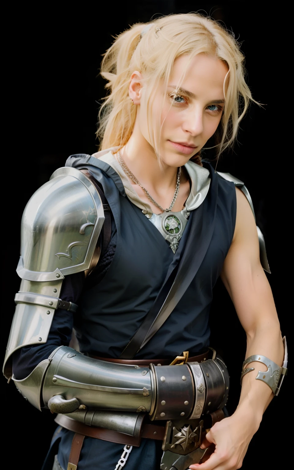 Photorealistic, portrait of fullmetal alchemis, elric of melnibone,covered in full metal armor, real, real life