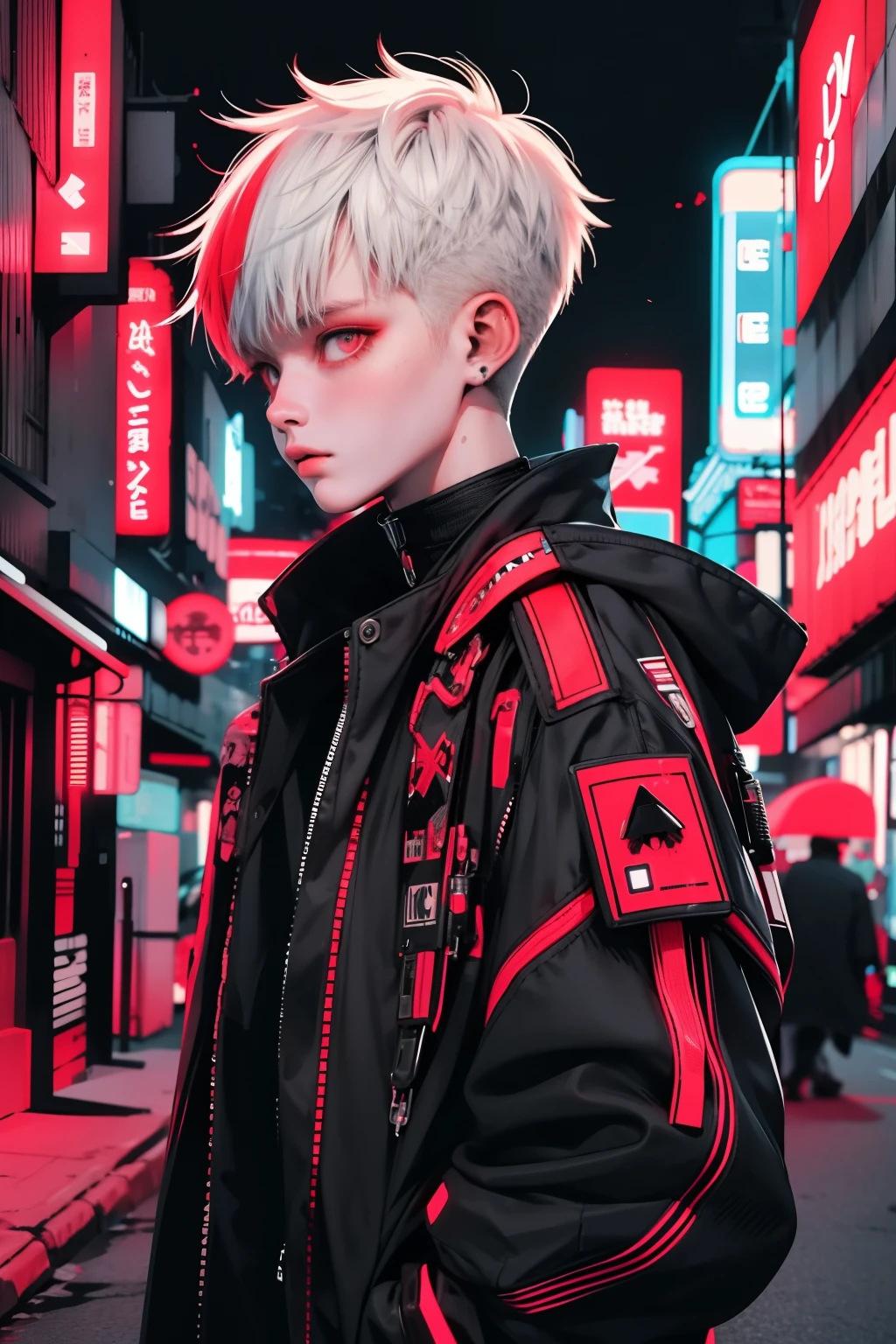 boy walking, half body shot, white red hair, cool black open short jacket, messy fade cut hair, crazy, on futuristic neon night street background, straight front center, photograpic shot