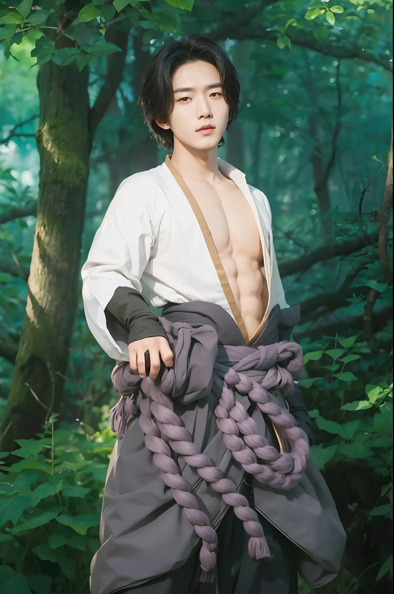 Real life adaption of this character, korean handsome face,realistic outfit wearing Obi on the waist,detailed eyes,realistic same hairstyle,realistic background,hyper realistic,realism,realistic light, realistic shadow,(photorealistic:1.2), looking to viewer,muscular body,there is a katana behind him