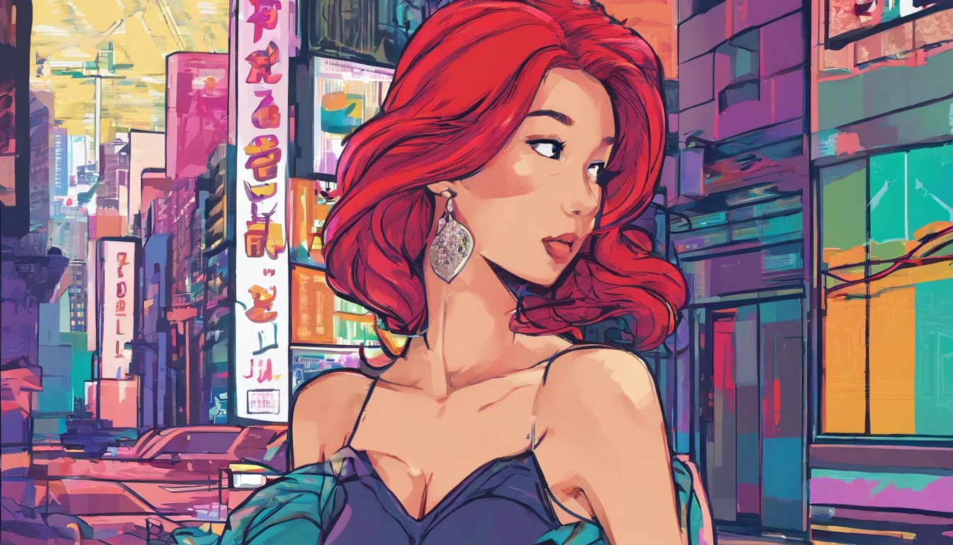 a red-haired woman in front of a building, night core, Bralette, Pokimane, inspirado em Yanjun Cheng, 16 bits, quase mostrando os peito, menina em uma loja de discos, Yanjun Chengt, 19-year-old girl, Heonhwa Choe, Inspirado em Jeonseok Lee, futurista, cores RGB.