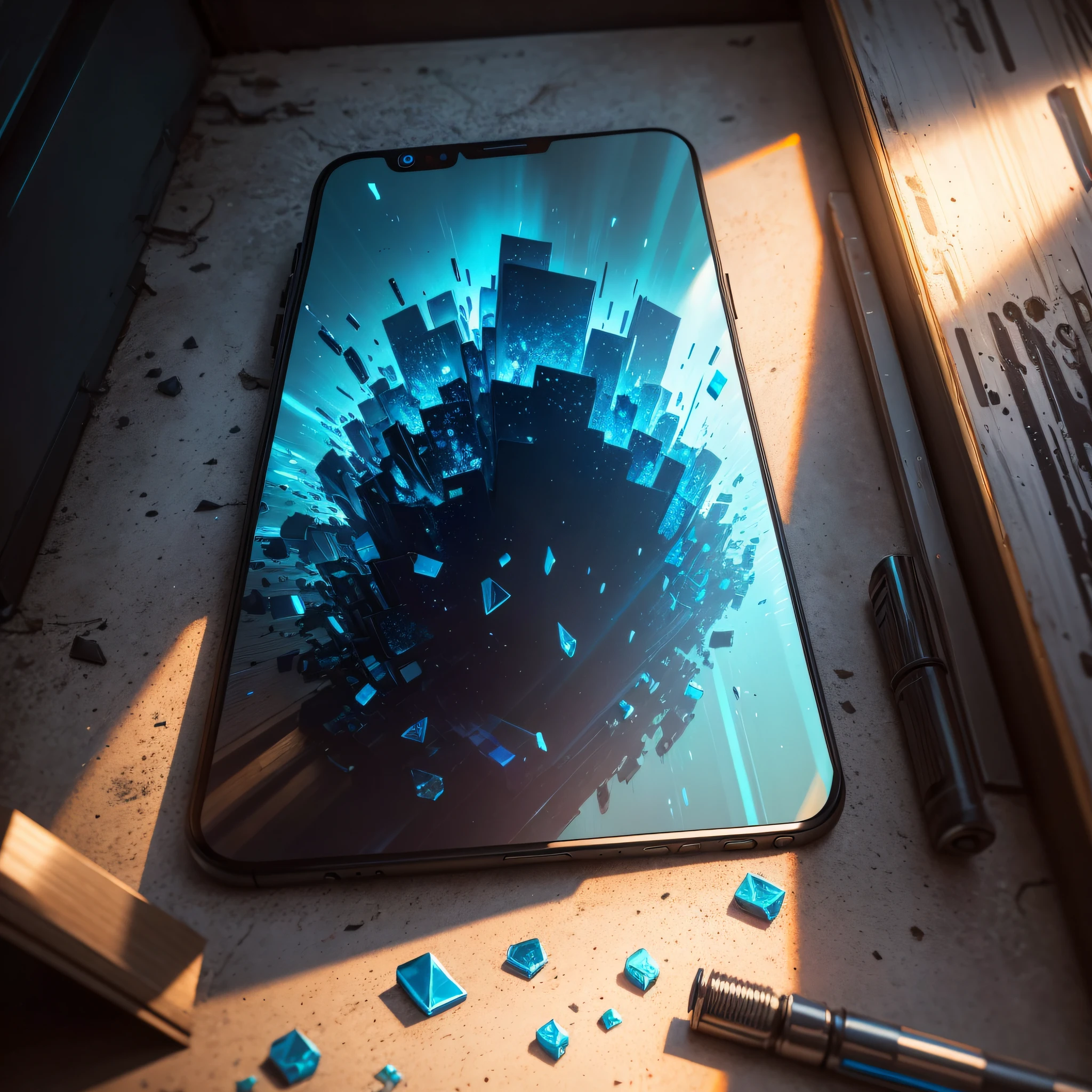 Craft a mesmerizing still life: A shattered smartphone, surrounded by shimmering shards in a dimly lit cyberpunk alley, pulsating with neon blue and melancholic isolation, captured in an oil painting