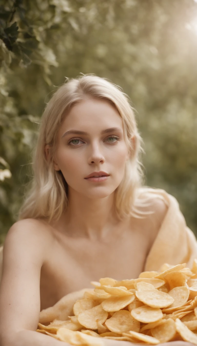 blond woman naked with a blanket of fruits and chips for stock, in the style of olympus xa2, yigal ozeri, oversized objects, manual focus lens, august von pettenkofen, portraitures, nostalgic