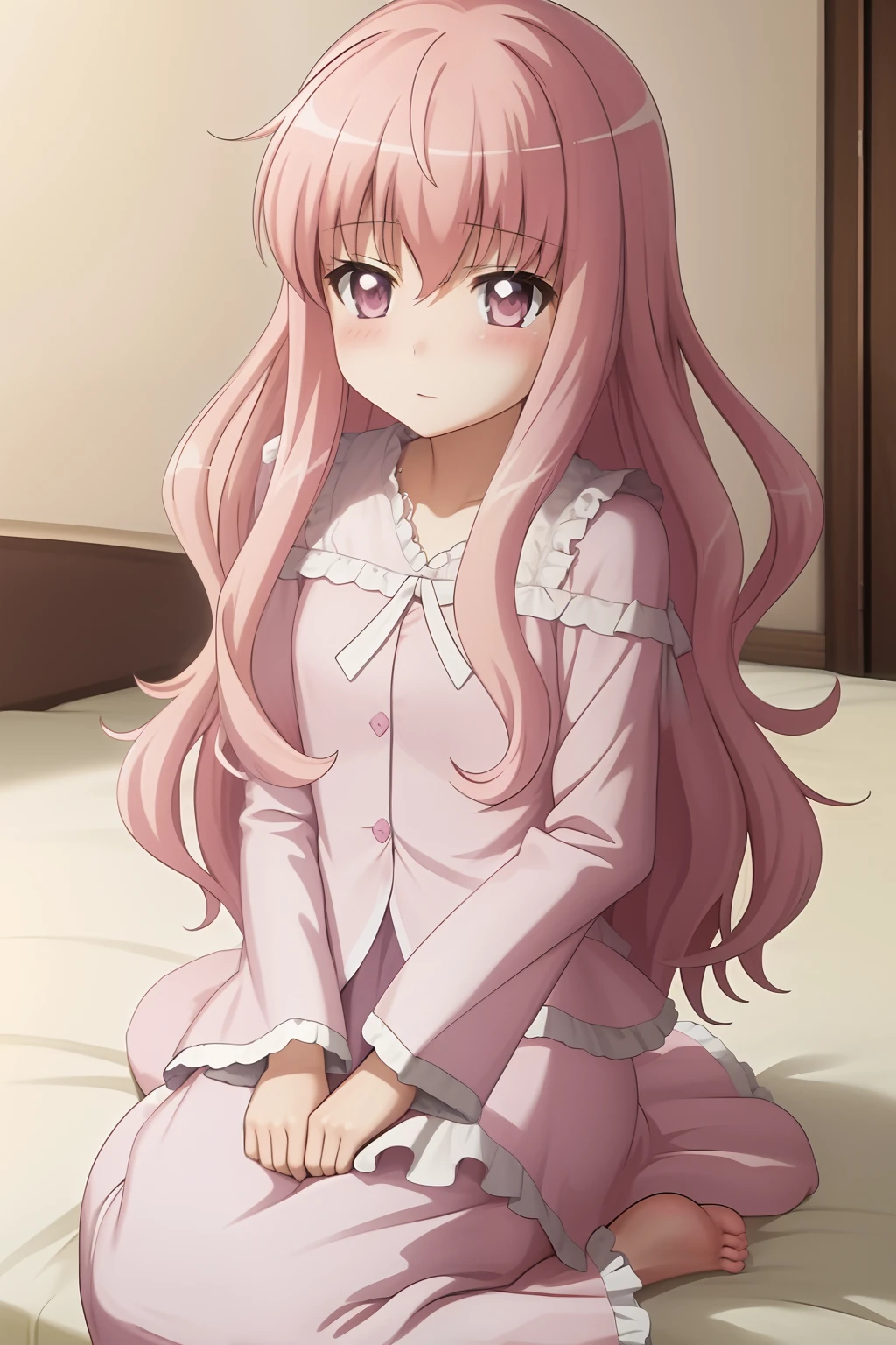 masterpiece, best quality,extremely detailed CG unity 8k wallpaper,
1girl,louise francoise le blanc de la valliere,pink pajamas,blush,no headwear, 
sitting,wariza,bed,