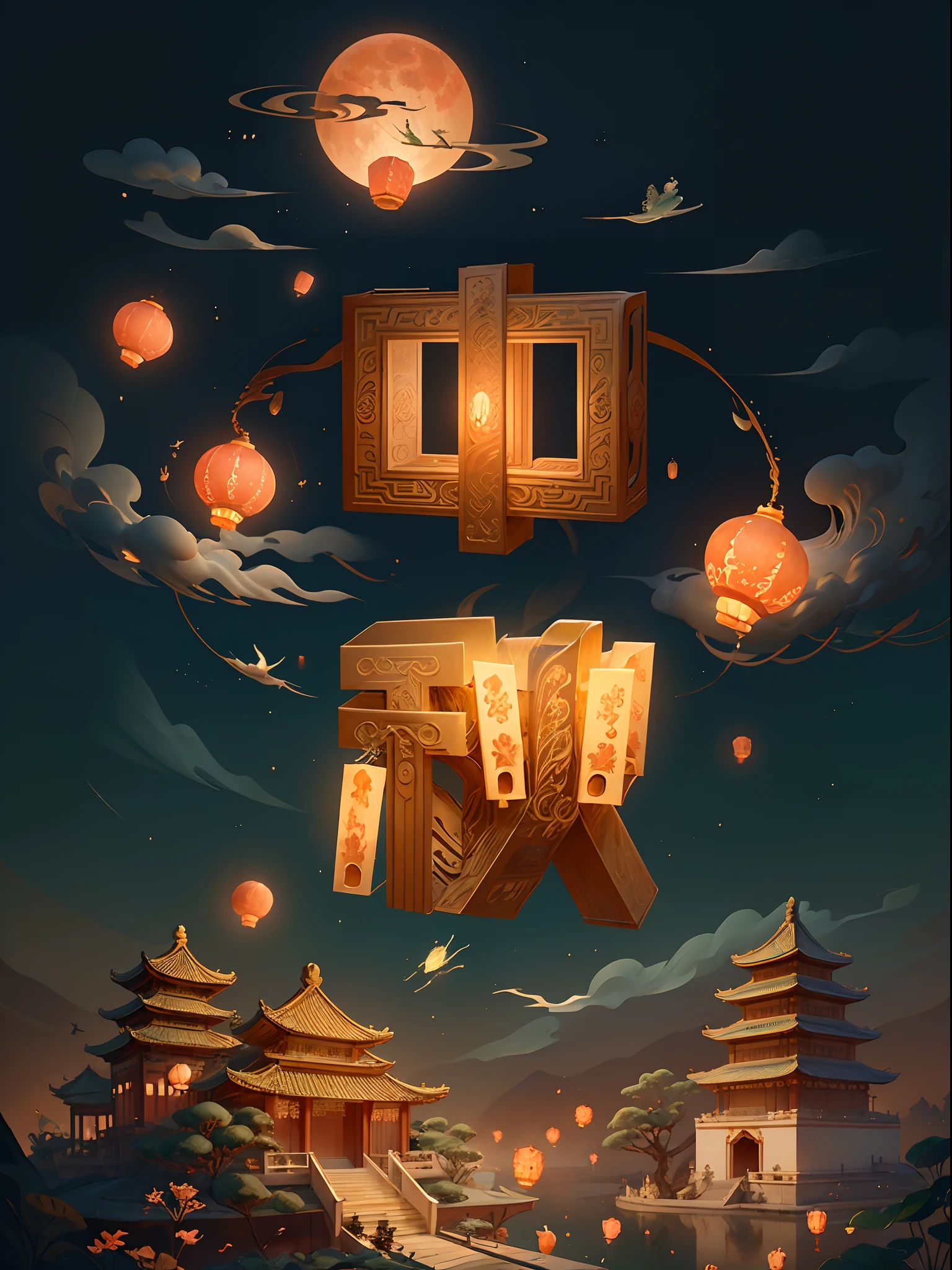 no human, (big fulll moon) ,an osmanthus tree, Chang'e,Jade Rabbit,lanterns,palaces,Cloud, masterpiece,ultra exquisite,stereoscopic,super rich,ultra detailed,32k