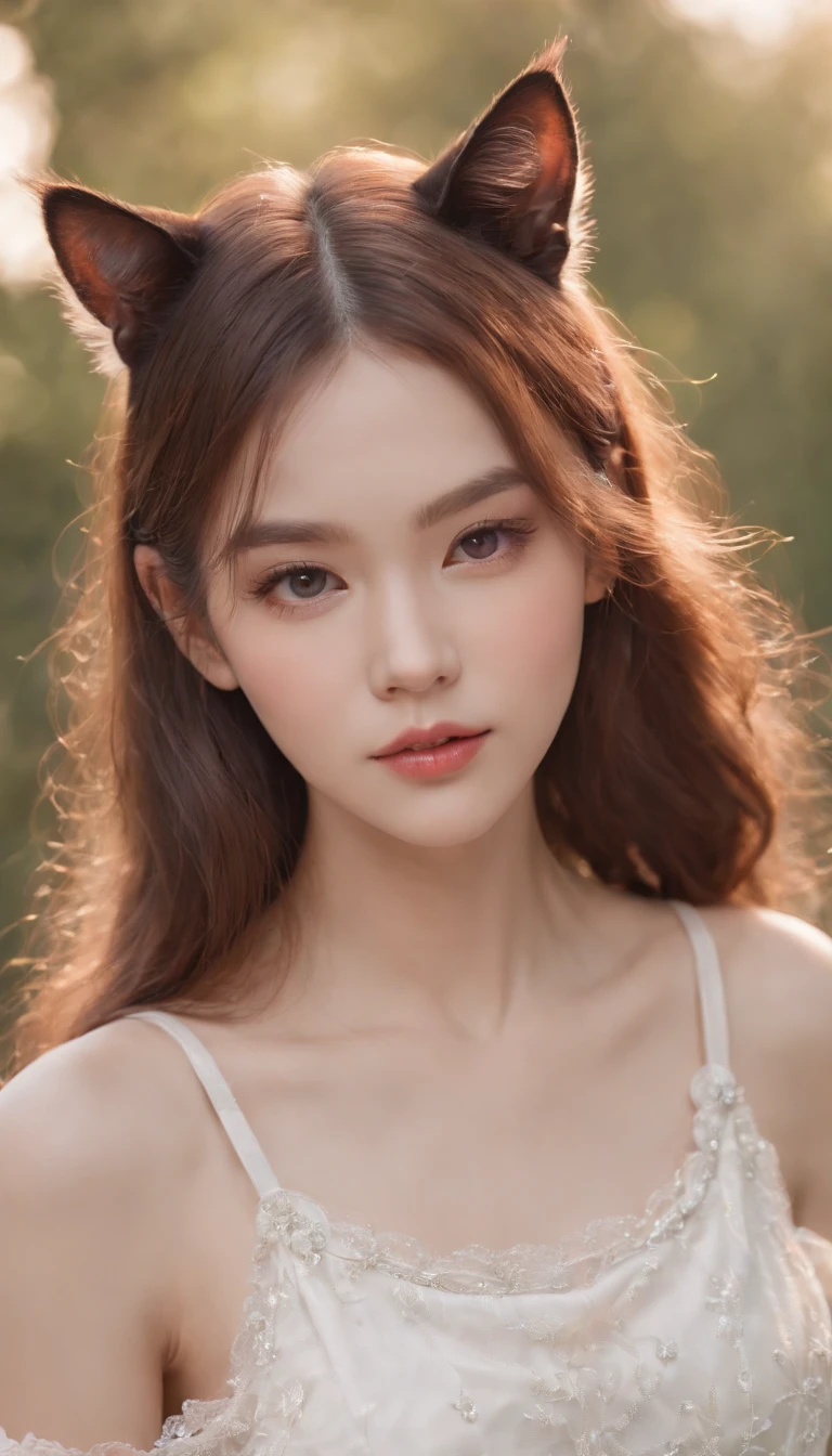 Best quality,4K,8K,A high resolution,Masterpiece:1.2,Ultra-detailed,Realistic:1.37,Cute,Girly,Portrait style,Long hair,elvish ears，Sparkling eyes,piercing eyes,Elf-like eyes,Beautiful face,rosycheeks,Soft and flawless skin,young look,pouty lips,Cat ears,Delicate anchor necklace,dressed stylishly,Shoulder-length hair,Similar to Korean fashion,Trendy,Glowing lights,Pastel colors,Subtle shadows,fairytale atmosphere,Ethereal background, dreamlike scenes，RAW photo