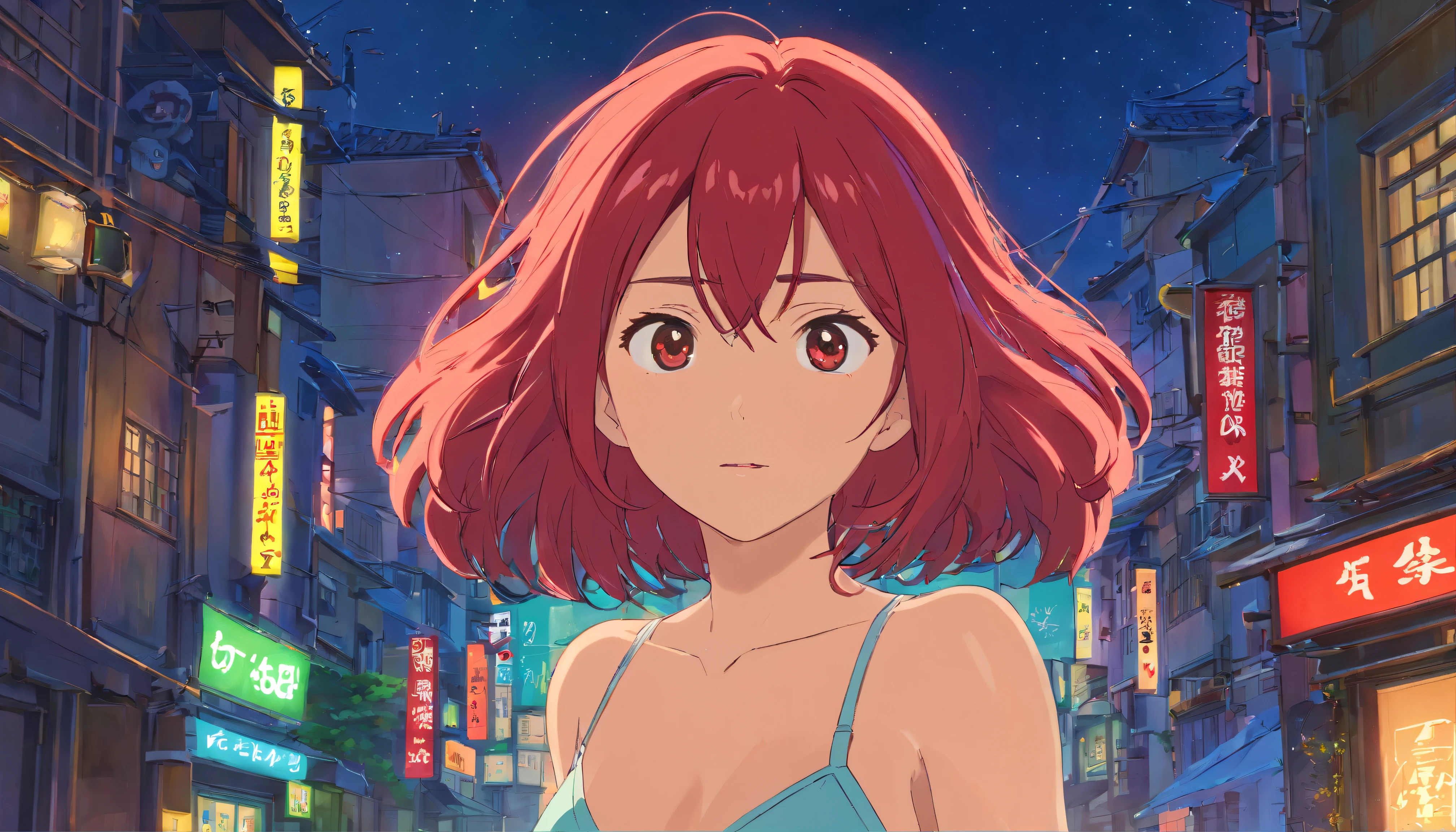 a red-haired woman in front of a building, night core, Bralette, Pokimane, inspirado em Yanjun Cheng, 16 bits, quase mostrando os peito, em uma loja de discos, Yanjun Chengt, 19-year-old girl, Heonhwa Choe, Inspirado em Jeonseok Lee, futurista, cores RGB.