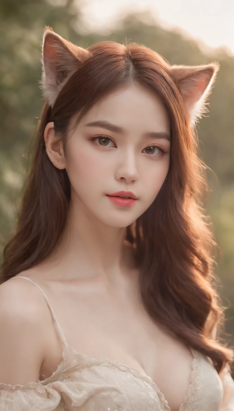 (best quality,4k,8k,highres,masterpiece:1.2),ultra-detailed,(realistic,photorealistic,photo-realistic:1.37),cute bust,girly vibes,portrait style with exposed shoulder and long hair,pointed elf ears,sparkling eyes,piercing gaze,cat-like eyes,pretty face with rosy cheeks,smooth flawless skin,youthful appearance,pouty lips,cat ears,exquisite anchor necklace,fashionable attire,shoulder-length hair in the style of Korean fashion,trendy,glowing lighting,soft colors,subtle shadows,enchanting atmosphere,ethereal background,dreamy scene,RAW photo