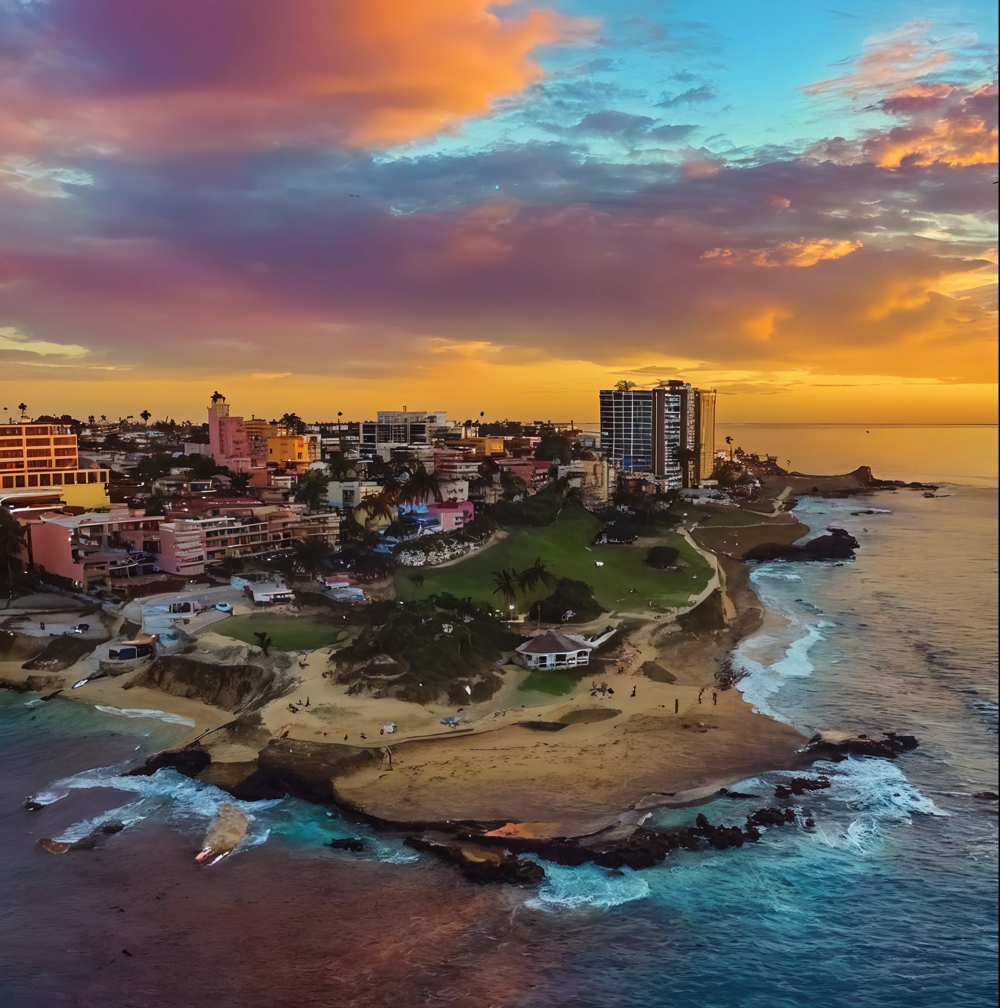 arafed view of a city with a beach and a body of water, 4k drone photography, puerto rico, drone photography, shot from a drone, by Felipe Seade, city of pristine colors, salvador, by Alexander Robertson, tropical coastal city, drone photograpghy, color aerial photo drone, high quality wallpaper, lit from above, shot from drone