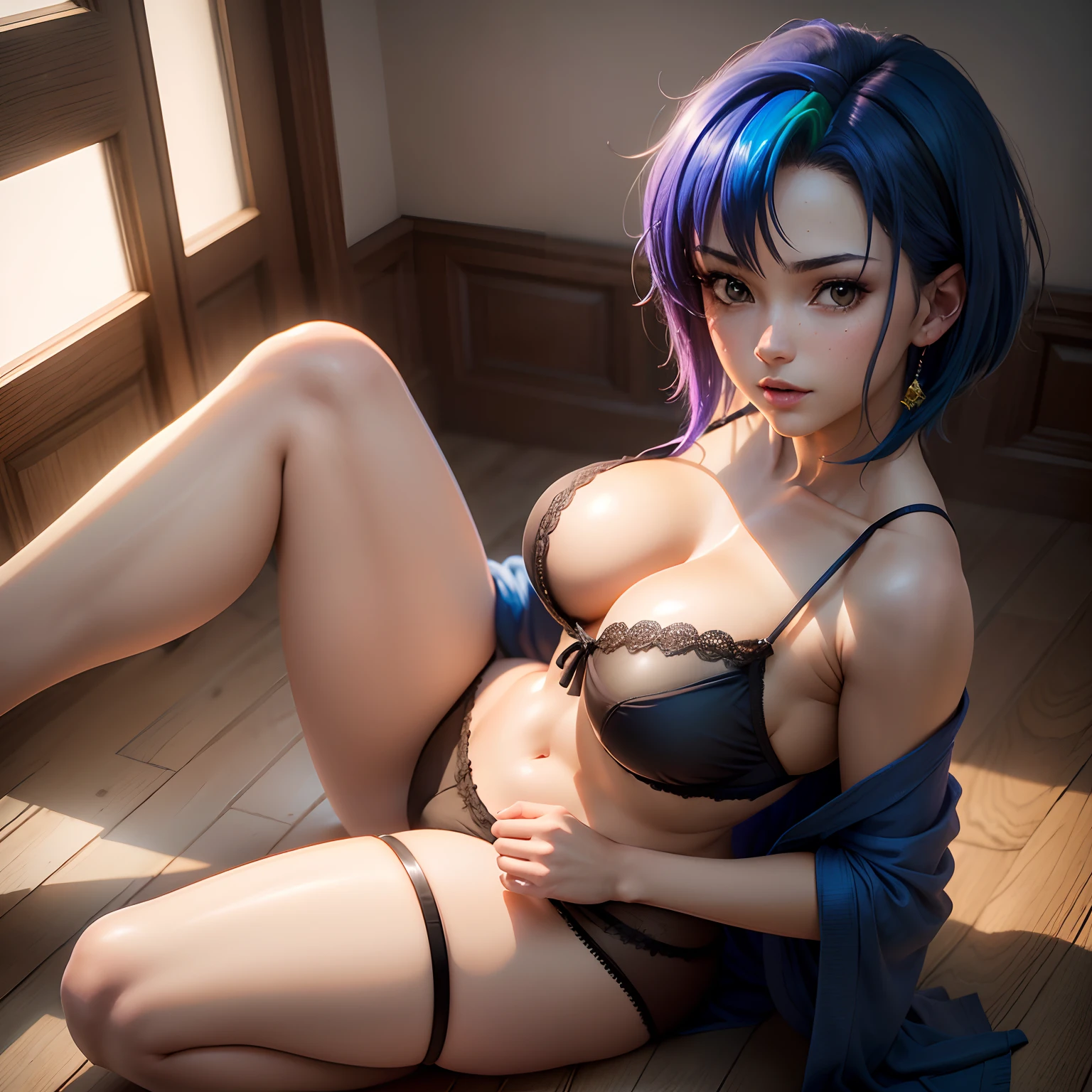 (garota hiper realista:1.2), ((Xenovia de 18 anos)), (highschool dxd), corpo inteiro, single body, olhando para frente, sitting on the floor, roupa escolar, saia vermelha, blusa branca, (coxas internas expostas), joelhos dobrados, cabelo azul, olhos dourados, seios grandes:1.3, Quarto feminino, quarto tradicional, (((Hiper realista, cinematic lighthing, (octan render), ray tracing, Realismo)))