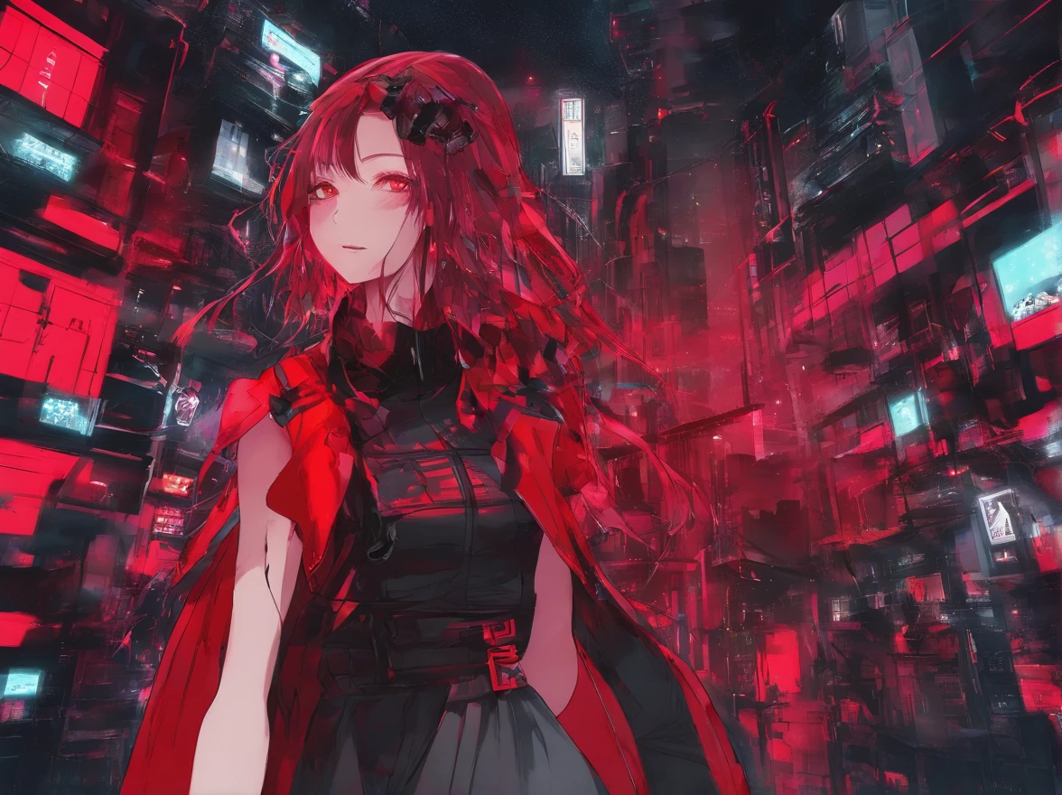 Cyberpunk futuristic psychopathic girl smiling with red effects in a gothic canary of terror, good good position, efeitos vermelhos, mulher sensual, mulher sexy, cena de terror, medo, Hand style, 4k