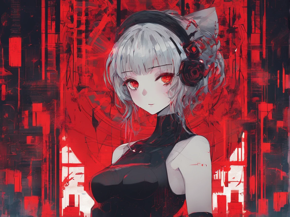 Cyberpunk futuristic psychopathic girl smiling with red effects in a gothic canary of terror, good good position, efeitos vermelhos, mulher sensual, mulher sexy, cena de terror, medo, Hand style, 4k