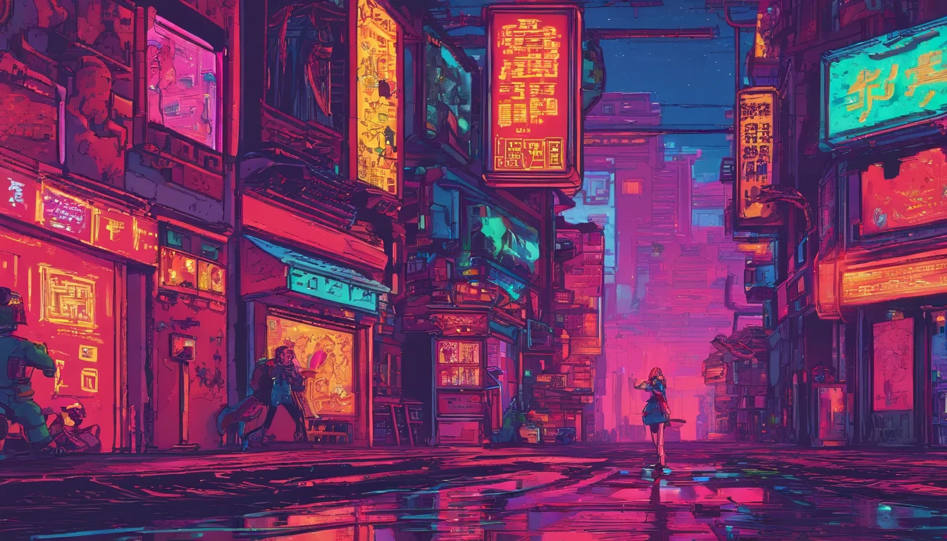 a red-haired woman in front of a building, night core, Bralette, Pokimane, inspirado em Yanjun Cheng, 16 bits, quase mostrando os peito, menina em uma loja de discos, Yanjun Chengt, 19-year-old girl, Heonhwa Choe, Inspirado em Jeonseok Lee, futurista, cores RGB.