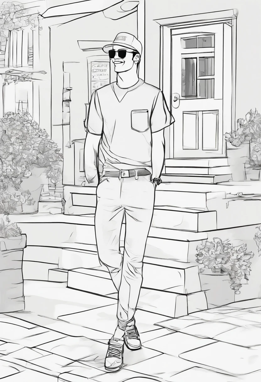 Por favor, crie uma imagem de um desenho de homem com 18 anos com pele morena. He is wearing a pink cap on his head and has a friendly smile on his face. Suas roupas podem ser casuais, como uma camiseta e jeans. The scene around him is cheerful and sunny, suggesting a pleasant climate. Por favor, Pay attention to facial details and expression to make the drawing as realistic and sympathetic as possible