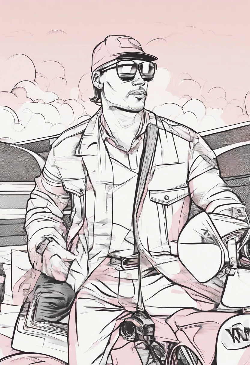 Por favor, crie uma imagem de um desenho de homem com 18 anos com pele morena. He is wearing a pink cap on his head and has a friendly smile on his face. Suas roupas podem ser casuais, como uma camiseta e jeans. The scene around him is cheerful and sunny, suggesting a pleasant climate. Por favor, Pay attention to facial details and expression to make the drawing as realistic and sympathetic as possible