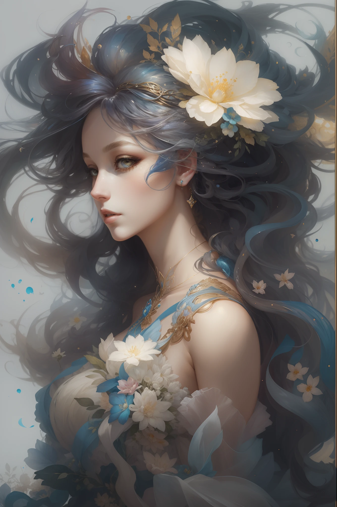 （（Gorgeous female princess）），（She has long flowing gray hair），（Bright and beautiful eyes），trendding on artstation，Flowers of Hope by Jean-Honor Fragonard，Peter Mohrbacher，ultra-detailliert，insanely details, Amazing, complex, elite, Art Nouveau, a gorgeous, Liquid wax, elegant, Luxurious, greg rutkovsky, Ink style, a sticker, Vector art beautiful character design, Dual exposure shooting, Luminous design, winning artwork, tmasterpiece, AMOLED black background,optic