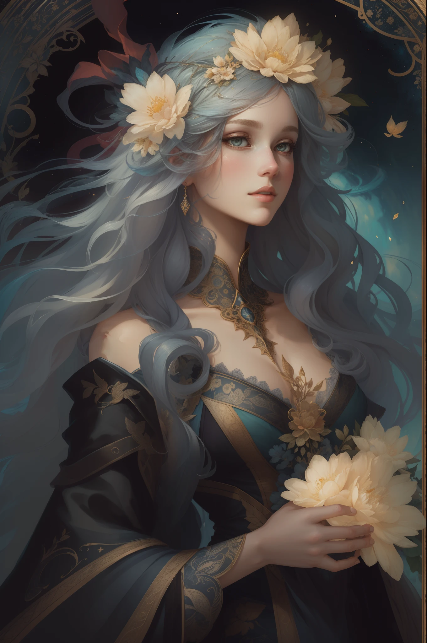 （（Gorgeous female princess）），（She has long flowing gray hair），（Bright and beautiful eyes），trendding on artstation，Flowers of Hope by Jean-Honor Fragonard，Peter Mohrbacher，ultra-detailliert，insanely details, Amazing, complex, elite, Art Nouveau, a gorgeous, Liquid wax, elegant, Luxurious, greg rutkovsky, Ink style, a sticker, Vector art beautiful character design, Dual exposure shooting, Luminous design, winning artwork, tmasterpiece, AMOLED black background,optic