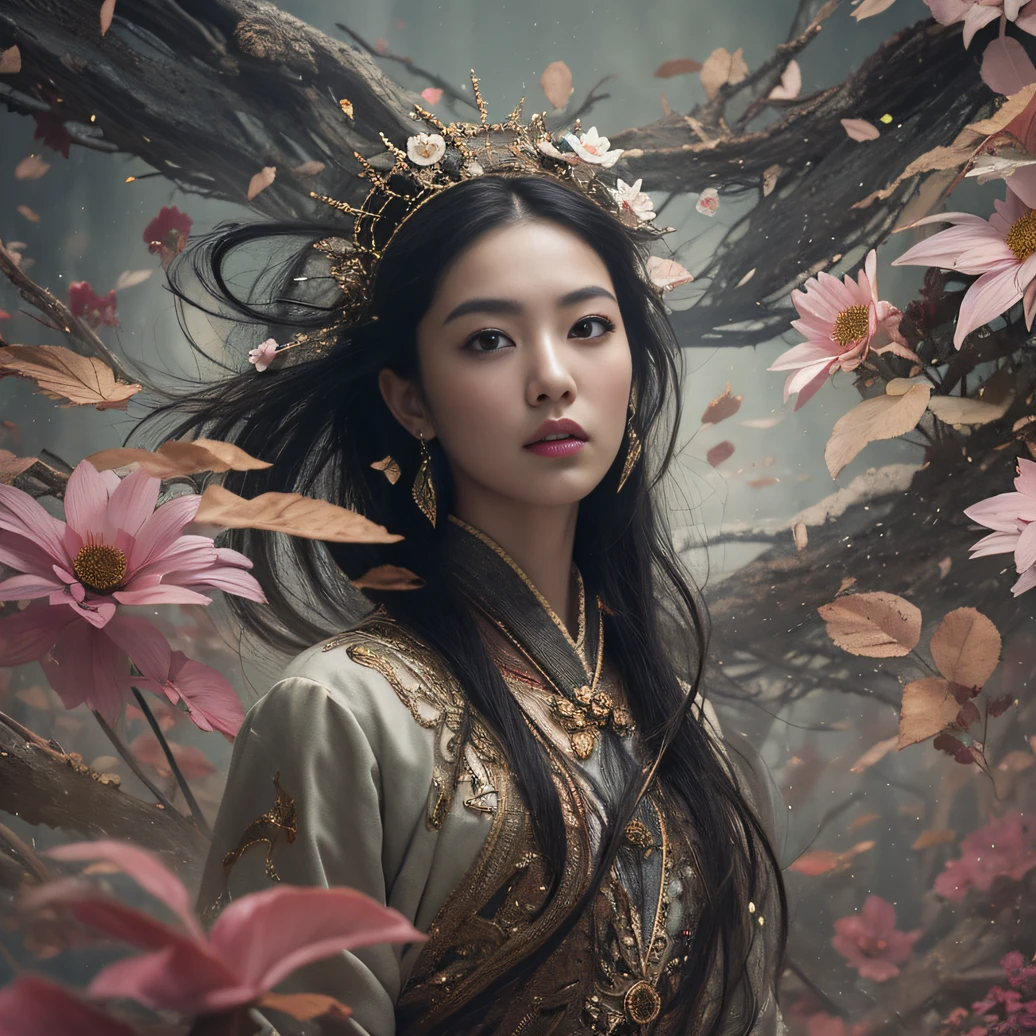 Gold tailgate 32K（tmasterpiece，k hd，hyper HD，32K）Long flowing black hair，ponds，zydink， a color， Tailfire （Concubine girl）， （Purple silk scarf）， Combat posture， looking at the ground， long whitr hair， Floating hair， Carp pattern headdress， Chinese long-sleeved clothing， （Abstract gouache splash：1.2）， Pink petal background，Pink and white lotus flowers fly（realisticlying：1.4），Black color hair，Fallen leaves flutter，The background is pure， A high resolution， the detail， RAW photogr， Sharp Re， Nikon D850 Film Stock Photo by Jefferies Lee 4 Kodak Portra 400 Camera F1.6 shots, Rich colors, ultra-realistic vivid textures, Dramatic lighting, Unreal Engine Art Station Trend, cinestir 800，Long flowing black hair，Linen skirt