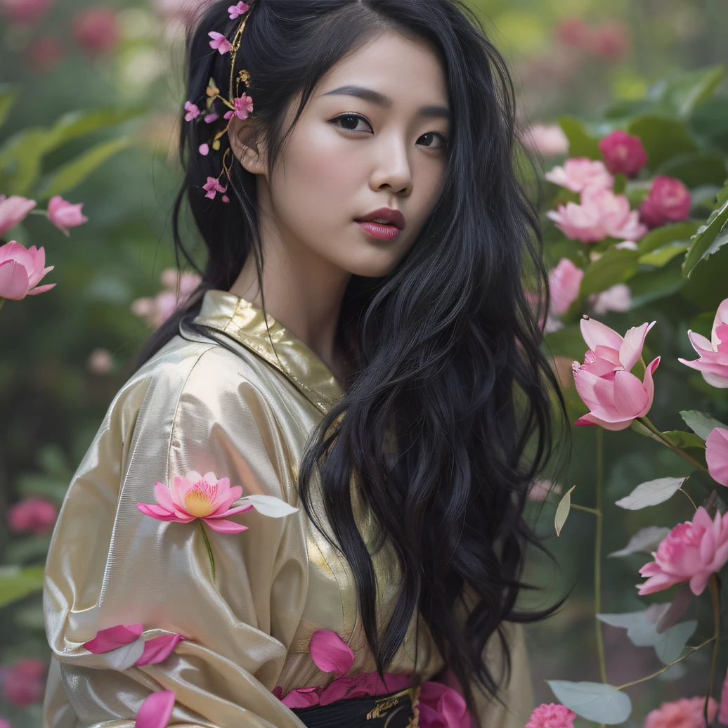 Gold tailgate 32K（tmasterpiece，k hd，hyper HD，32K）Long flowing black hair，ponds，zydink， a color， Tailfire （Concubine girl）， （Purple silk scarf）， Combat posture， looking at the ground， long whitr hair， Floating hair， Carp pattern headdress， Chinese long-sleeved clothing， （Abstract gouache splash：1.2）， Pink petal background，Pink and white lotus flowers fly（realisticlying：1.4），Black color hair，Fallen leaves flutter，The background is pure， A high resolution， the detail， RAW photogr， Sharp Re， Nikon D850 Film Stock Photo by Jefferies Lee 4 Kodak Portra 400 Camera F1.6 shots, Rich colors, ultra-realistic vivid textures, Dramatic lighting, Unreal Engine Art Station Trend, cinestir 800，Long flowing black hair，Linen skirt