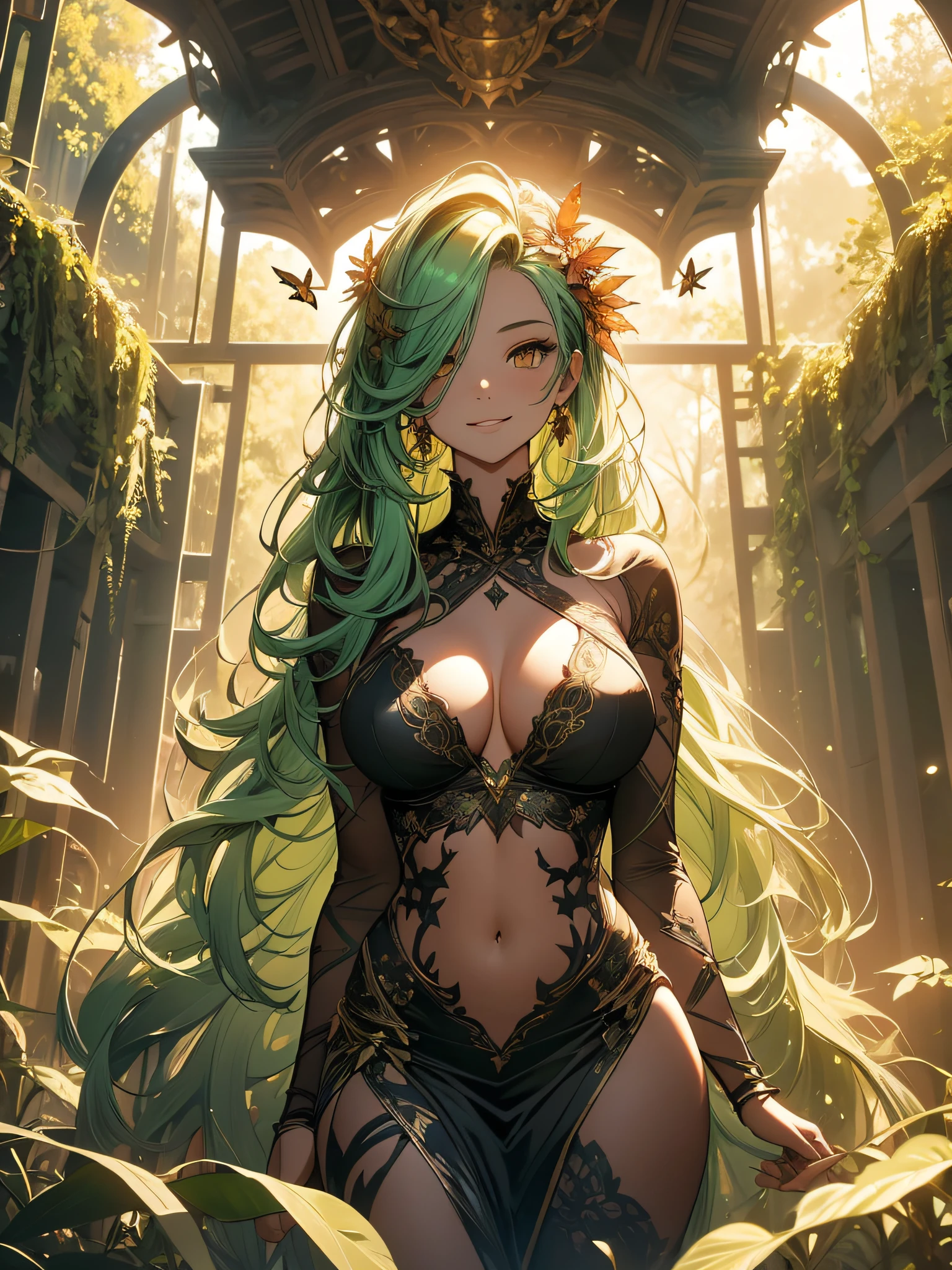 A naked girl with her entire body covered in plants, leaves and vines, plants and vines all over her body, Poison Ivy, medium breasts, long hair, sincere smile, imposing pose, yellow eyes, sculptural and curvy body, full body, BREAK, background forest with vines descending from forest trees, nature, field of vineyards, (ultra-realistic), {extremely detailed 8k CG unity wallpaper}, Expansive landscape photography, (a view from below that prioritizes the grandeur of the character, view expansive open field), (low angle shot), (high light: 1.5), (low light: 1.0), (warm light source: 1.0), complex details, (iridescent colors: 1 ,5), (bright lighting), (atmospheric lighting), dreamy, magical, special