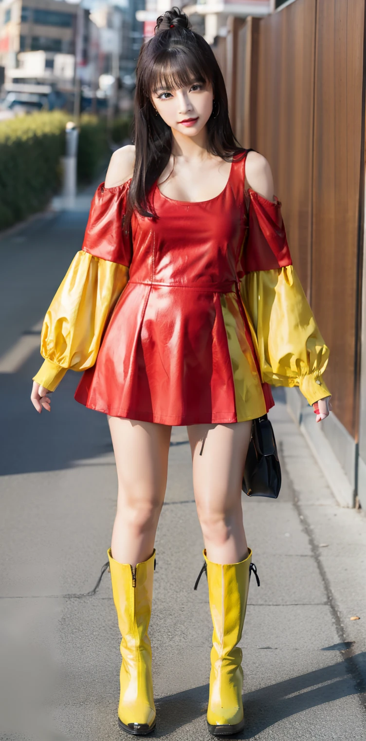 female idol、Good Style、semi long hair、Mi、Idol face、large full breasts、Shiny Red Mini Dress(Inner Black Tank Top)、off shoulders、Long Yellow Knee High Boots、