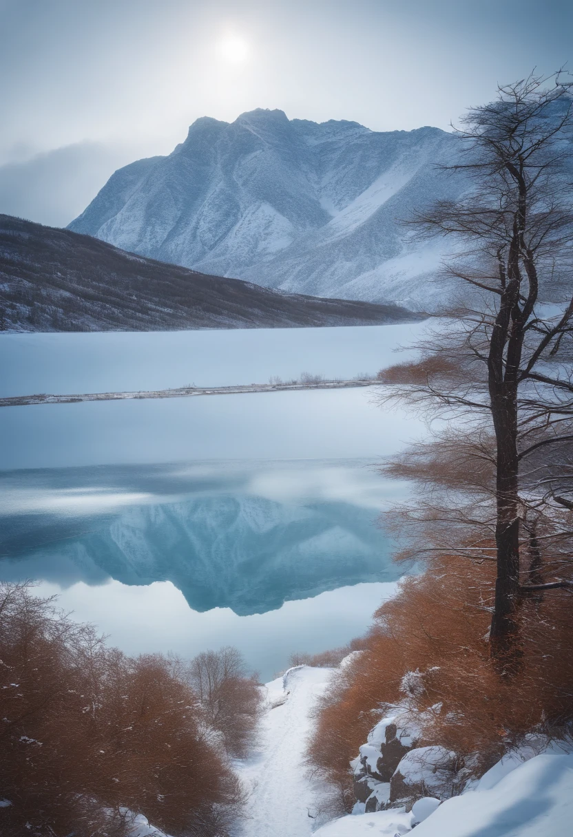 (tmasterpiece，Authentic photography，Realistic photography，Concise composition：1.5），Snowy scenery of Changbai Mountain，The picture is clear and transparent