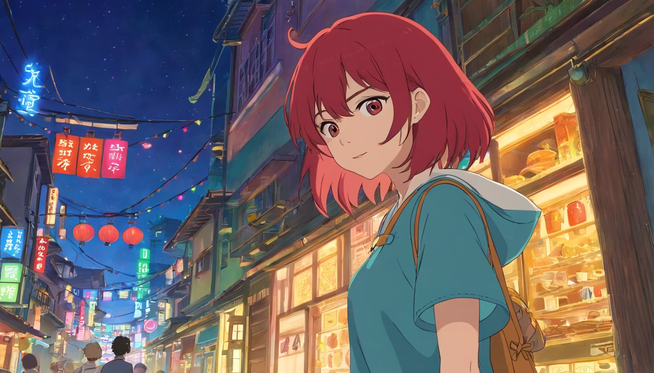 a red-haired woman in front of a building, night core, Bralette, Pokimane, inspirado em Yanjun Cheng, 16 bits, quase mostrando os peito, menina em uma loja de discos, Yanjun Chengt, 19-year-old girl, Heonhwa Choe, Inspirado em Jeonseok Lee, futurista, cores RGB.