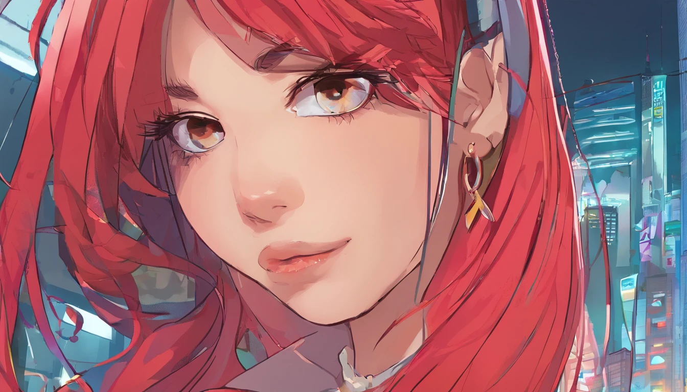 a red-haired woman in front of a building, night core, Bralette, Pokimane, inspirado em Yanjun Cheng, 16 bits, quase mostrando os peito, menina em uma loja de discos, Yanjun Chengt, 19-year-old girl, Heonhwa Choe, Inspirado em Jeonseok Lee, futurista, cores RGB.