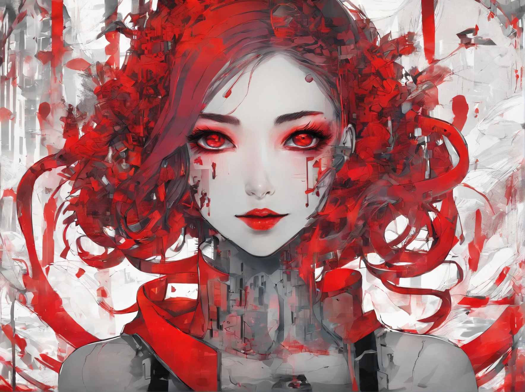 Cyberpunk futuristic psychopathic girl smiling with red effects in a gothic canary of terror, good good position, efeitos vermelhos, mulher sensual, mulher sexy, cena de terror, medo, Hand style, 4k