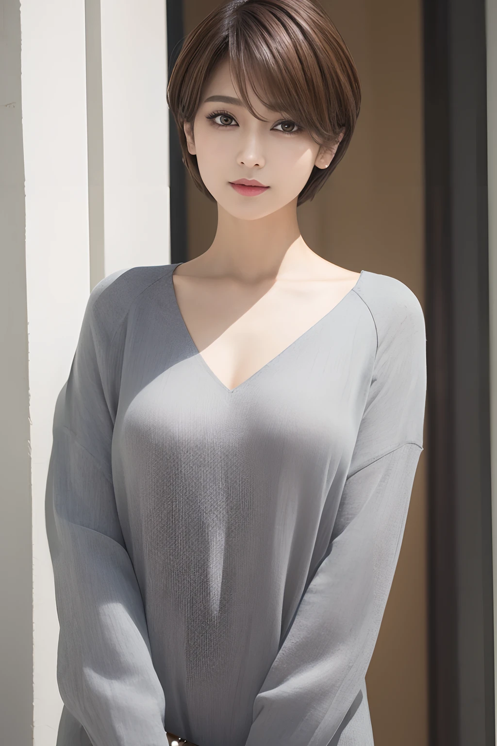 Portrait of Manish business hairstyle for spring-summer。Hair is short hair with natural brown tones、side parted。Makeup for discreet smoky eyes and neutral lips、Reflects confidence and professional appearance。