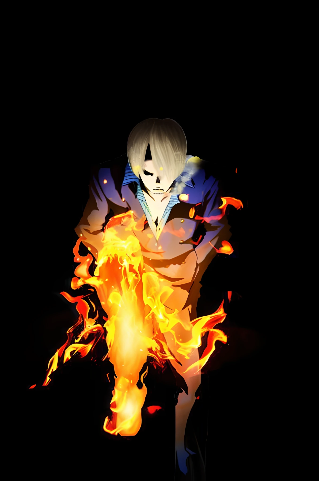 um close up de uma pessoa com um fogo em um fundo preto, fire!! corpo inteiro, Sanji, Infero Flamejante, fire behind him, ghost of the fire spirit, flame conjuring, Poderes de fogo azul, Yagami Luz, Tocha humana, Yagami Luz, 2D, 2 d, Vergil, casting fire spell, flame spell