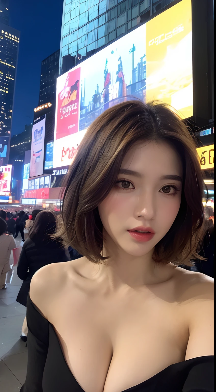 ((Night Scene, Realistic Light, Best Quality, 8k, Masterpiece: 1.3)), 1 Girl, Slim Body Beauty: 1.4, Blonde, Short Hair, (Big: 1.3), Off Shoulder Cut Top: 1.3, Ultra Detailed Face, Detailed Eyes, Double Eyelids, NYC, Times Square, Cleavage