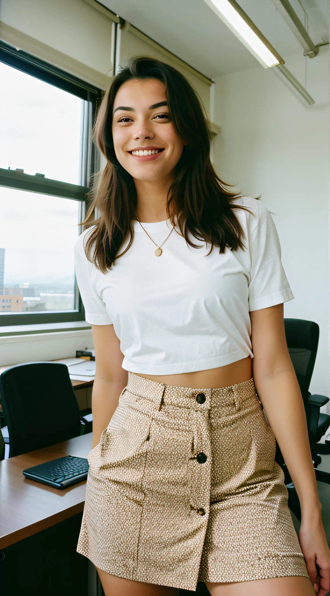 Kodak disposable camera photo of a beautiful female, smiling suggestively, in an office, view from below
