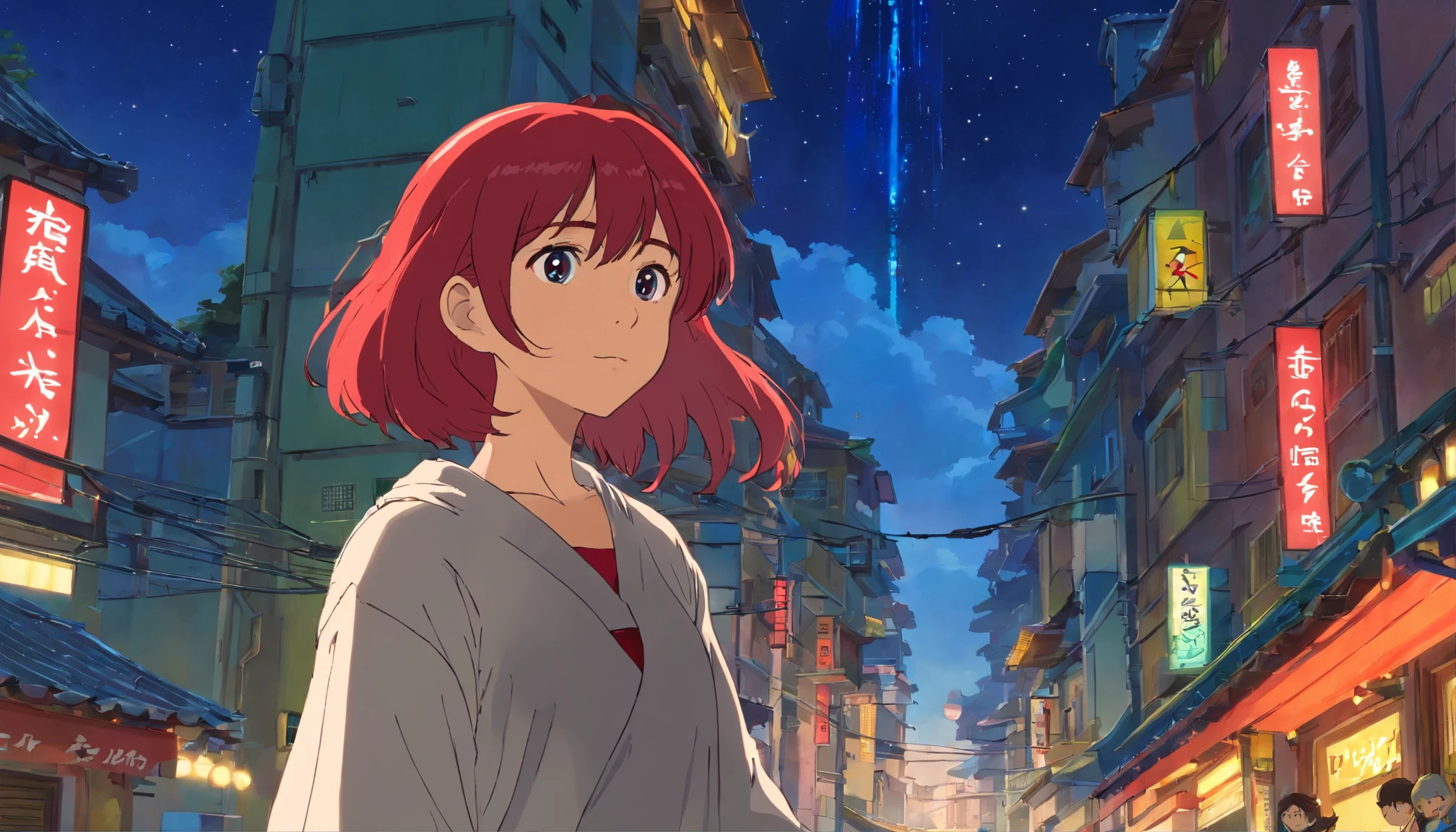 a red-haired woman in front of a building, night core, Bralette, Pokimane, inspirado em Yanjun Cheng, 16 bits, quase mostrando os peito, menina em uma loja de discos, Yanjun Chengt, 19-year-old girl, Heonhwa Choe, Inspirado em Jeonseok Lee, futurista, cores RGB.